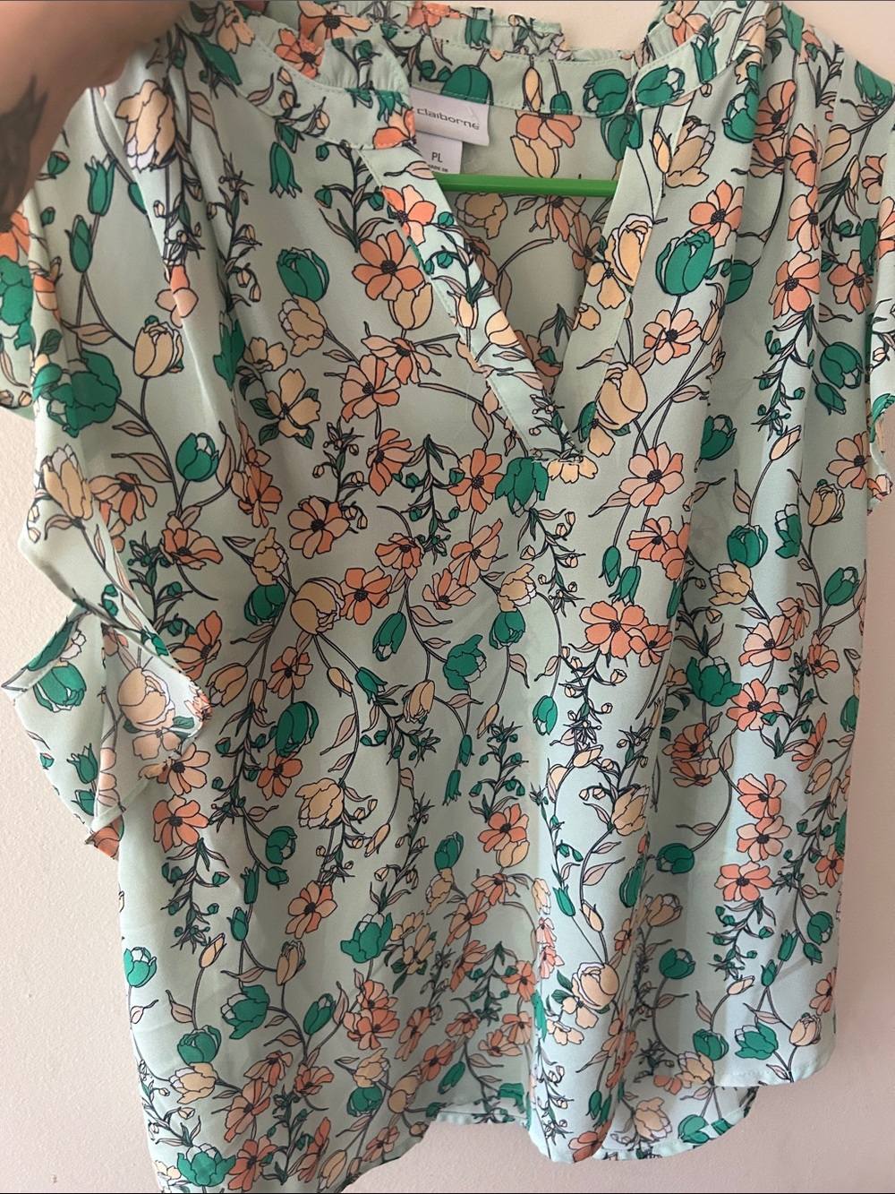 Floral Mint Green Blouse with Peach & Green Flowers